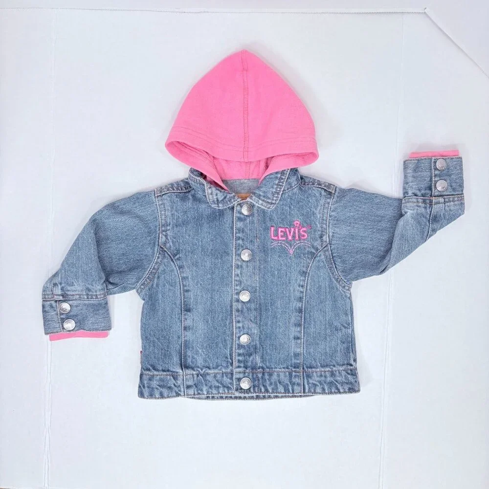 Vintage Levis Y2K Baby Girls Embroidered Pink Hoodie + Denim Jean Jacket 18m
